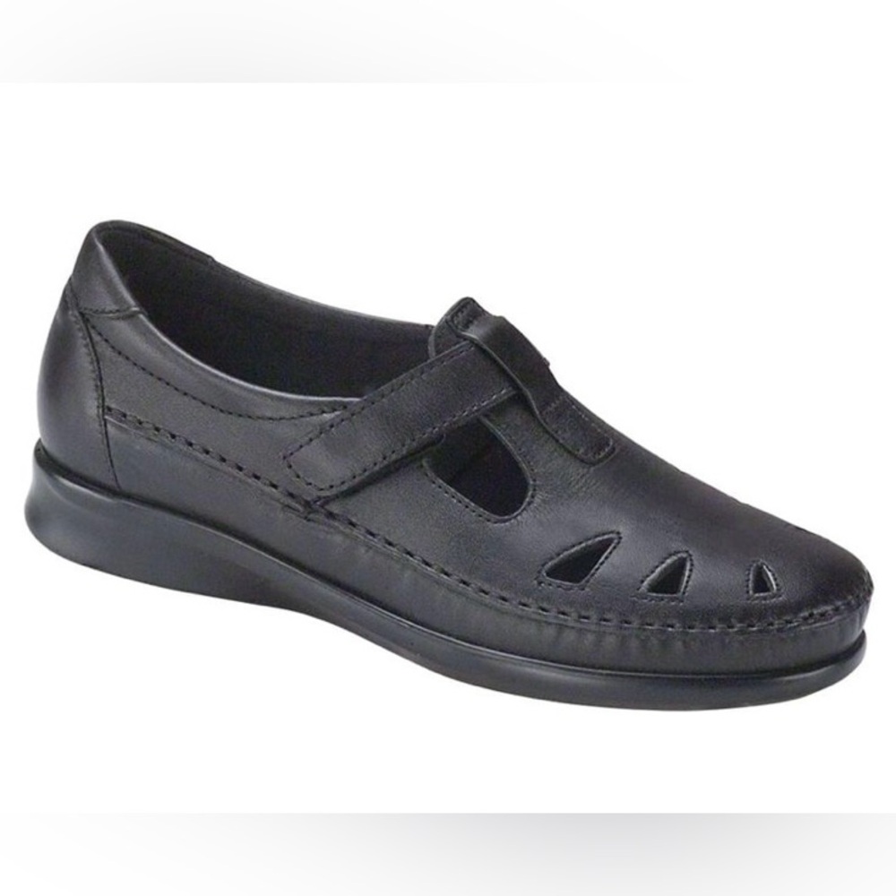 SAS Roamer Black Leather Slip On Comfort Loafer Velcro Strap Cut Outs Design 9